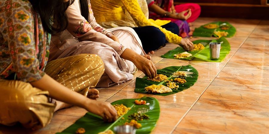 Onam Sadya, a traditional Keralan vegetarian feast served on a banana leaf.